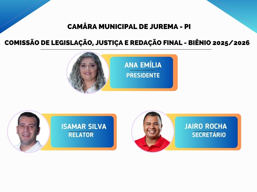 Comissão de Legislação, Justiça e Redação Final da Câmara Municipal de Jurema - PI é definida para o biênio 2025/2026